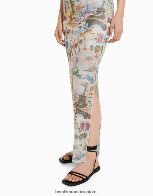 Bershka femei fustă midi cu plasă imprimată cremă Z86D2039 îmbrăcăminte