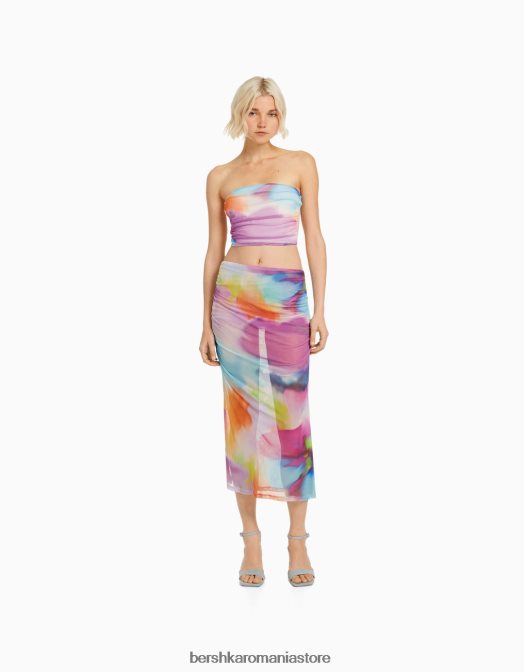 Bershka femei fustă midi cu plasă imprimată portocale Z86D1636 îmbrăcăminte