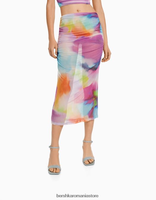 Bershka femei fustă midi cu plasă imprimată portocale Z86D1636 îmbrăcăminte