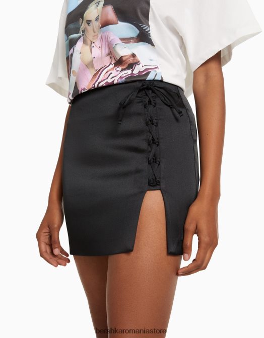 Bershka femei fustă mini din satin cu șireturi negru Z86D1666 îmbrăcăminte