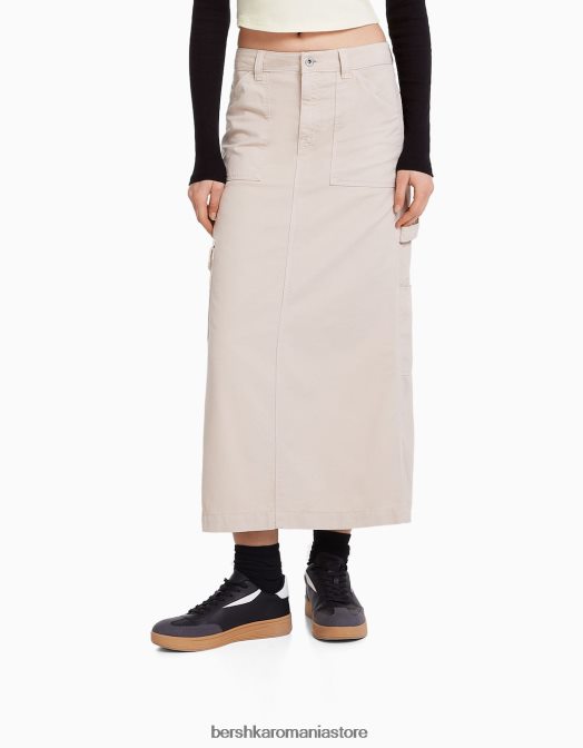 Bershka femei fusta maxi carpenter bumbac nisip Z86D4064 îmbrăcăminte