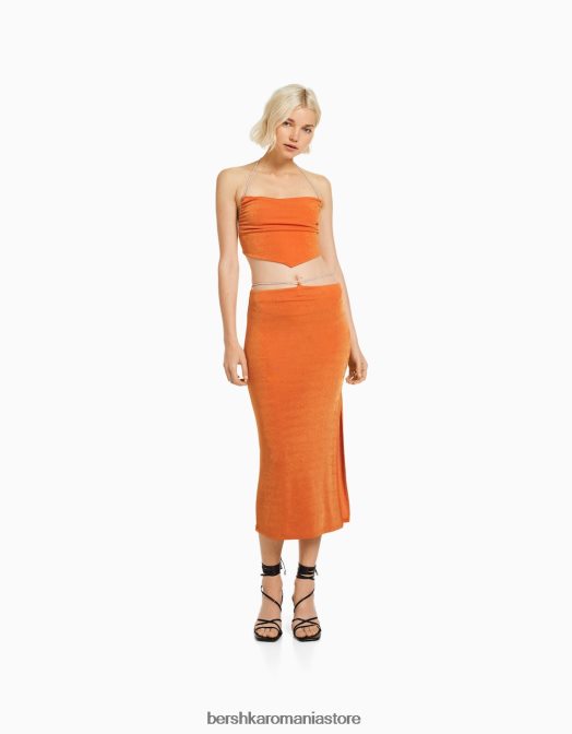 Bershka femei fusta midi cu cravate incrustate cu strasuri coral Z86D1637 îmbrăcăminte