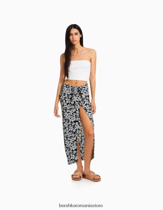 Bershka femei fusta midi cu imprimeu floral negru Z86D1627 îmbrăcăminte