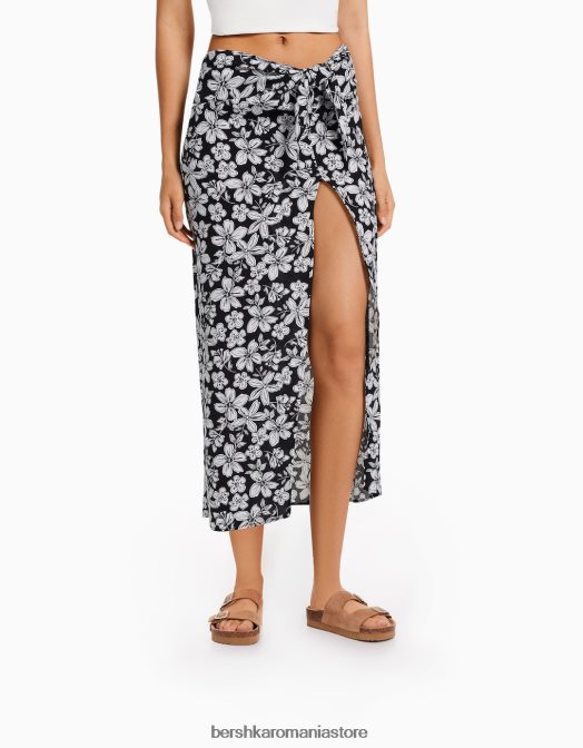 Bershka femei fusta midi cu imprimeu floral negru Z86D1627 îmbrăcăminte