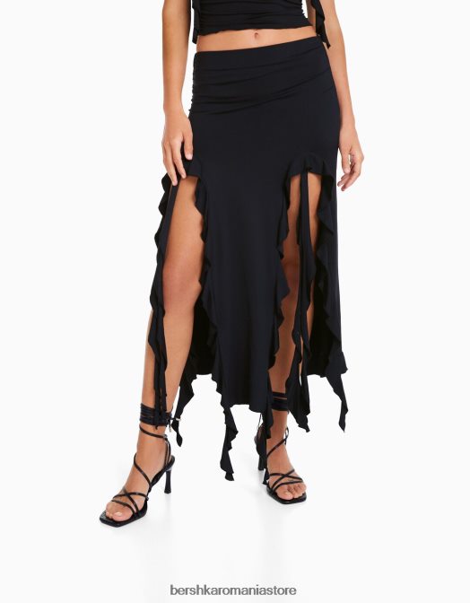 Bershka femei fusta midi cu volane negru Z86D1608 îmbrăcăminte