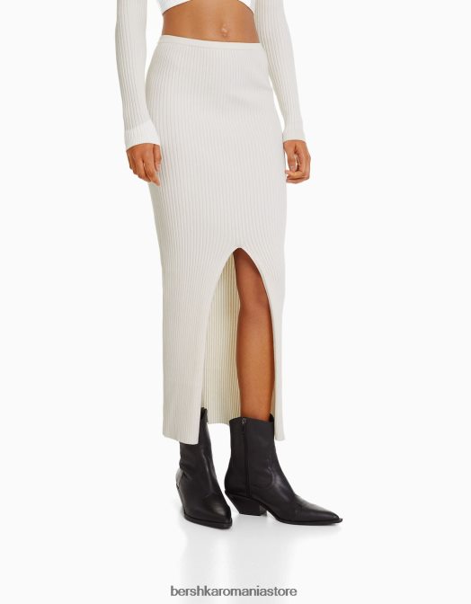 Bershka femei fusta midi din tricot cu nervuri cremă Z86D969 îmbrăcăminte
