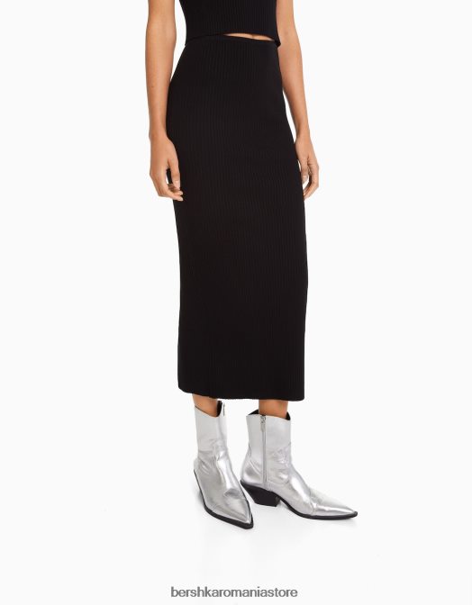 Bershka femei fusta midi din tricot cu nervuri negru Z86D956 îmbrăcăminte