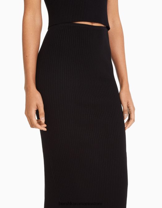 Bershka femei fusta midi din tricot cu nervuri negru Z86D956 îmbrăcăminte