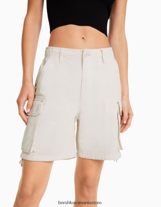 Bershka femei bermudă cargo din bumbac cu bretele aproape alb Z86D1297 îmbrăcăminte