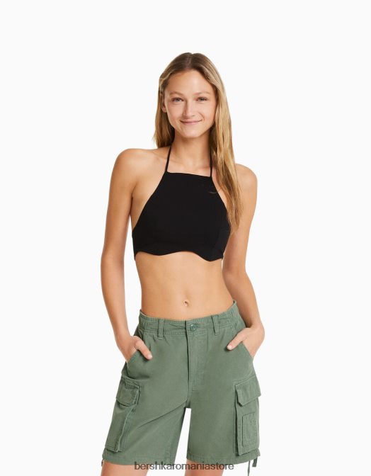 Bershka femei bermudă cargo din bumbac cu bretele kaki Z86D1298 îmbrăcăminte