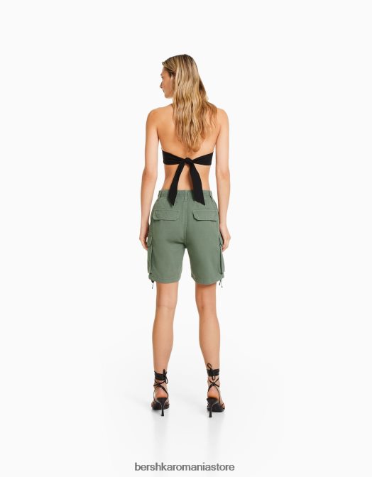 Bershka femei bermudă cargo din bumbac cu bretele kaki Z86D1298 îmbrăcăminte