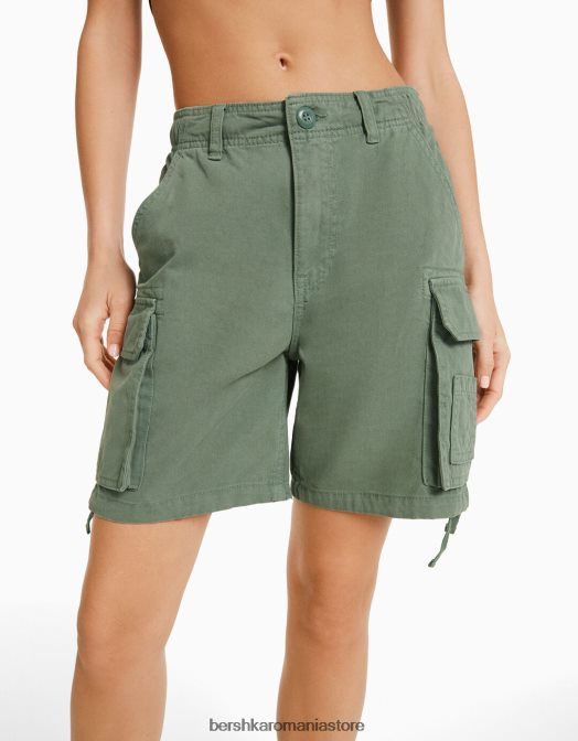 Bershka femei bermudă cargo din bumbac cu bretele kaki Z86D1298 îmbrăcăminte