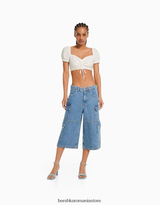 Bershka femei bermude largi din denim cargo albastru deschis Z86D1391 îmbrăcăminte