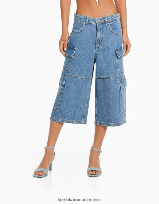 Bershka femei bermude largi din denim cargo albastru deschis Z86D1391 îmbrăcăminte