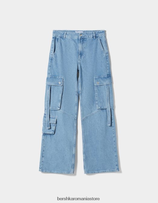 Bershka femei blugi cargo cu buzunare multiple albastru deschis Z86D1290 îmbrăcăminte