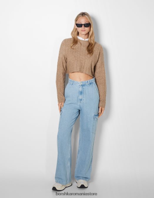 Bershka femei blugi cargo cu picioare largi albastru deschis Z86D1339 îmbrăcăminte