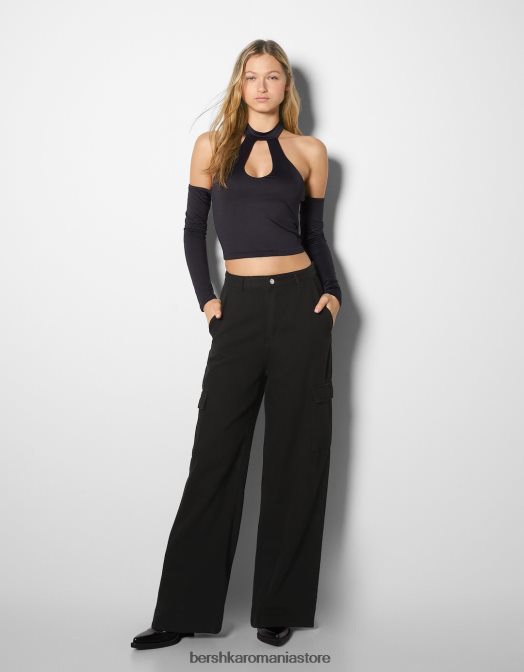 Bershka femei blugi cargo cu picioare largi negru Z86D1342 îmbrăcăminte