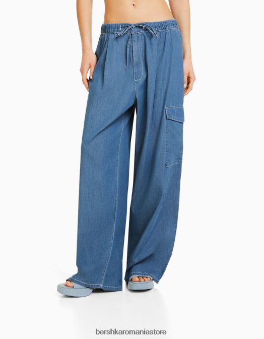 Bershka femei blugi cargo cu talie lată albastru Z86D1314 îmbrăcăminte