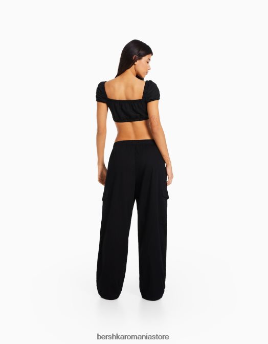 Bershka femei blugi cargo cu talie lată negru Z86D1338 îmbrăcăminte