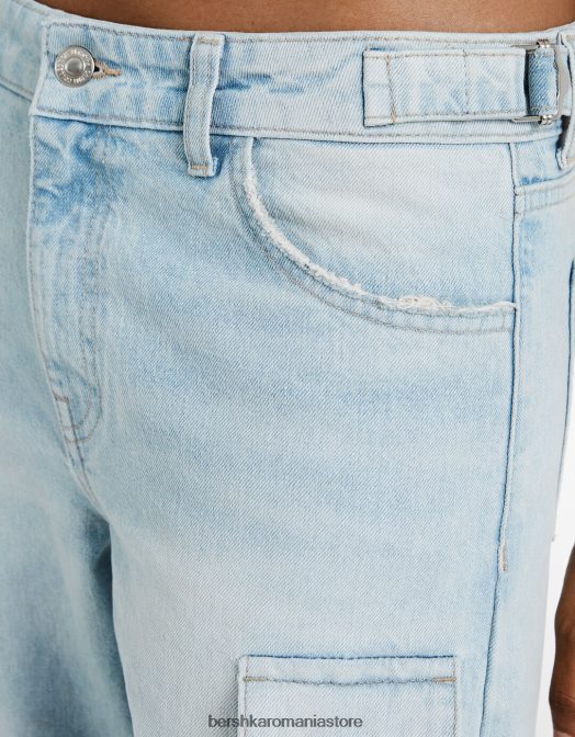 Bershka femei blugi cargo decolorați cu buzunare multiple albastru deschis Z86D1291 îmbrăcăminte