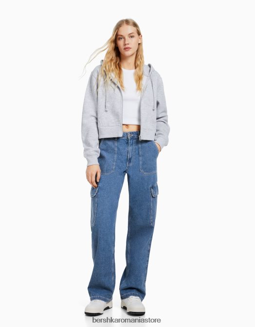 Bershka femei blugi cargo drepte albastru Z86D1351 îmbrăcăminte