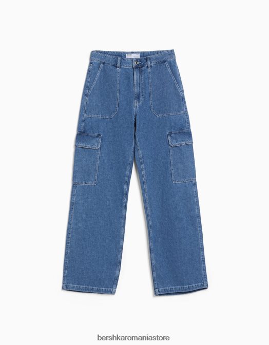 Bershka femei blugi cargo drepte albastru Z86D1351 îmbrăcăminte