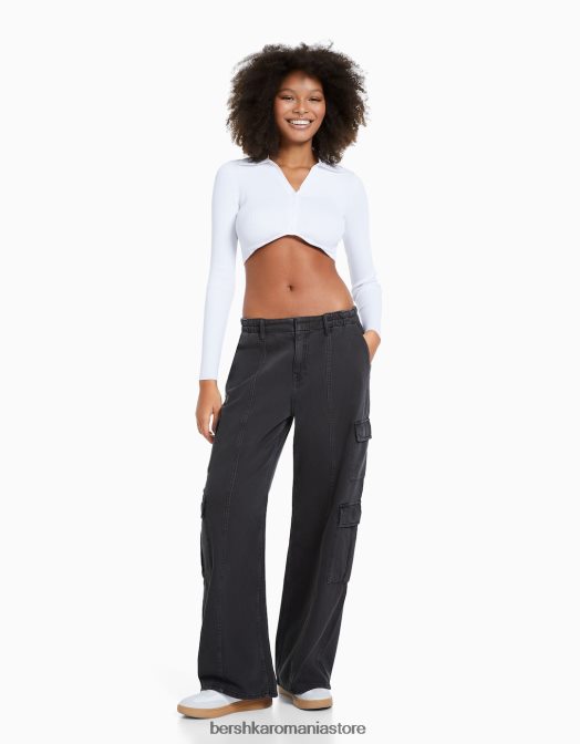Bershka femei blugi cargo largi cu buzunare multiple gri inchis Z86D1304 îmbrăcăminte