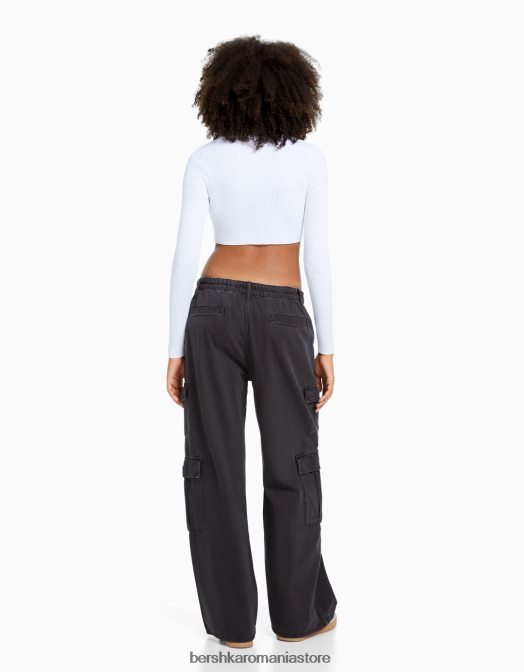 Bershka femei blugi cargo largi cu buzunare multiple gri inchis Z86D1304 îmbrăcăminte