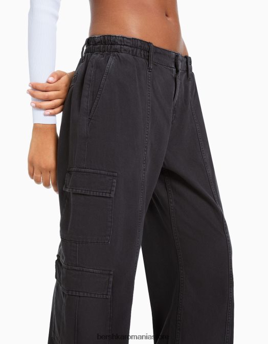 Bershka femei blugi cargo largi cu buzunare multiple gri inchis Z86D1304 îmbrăcăminte
