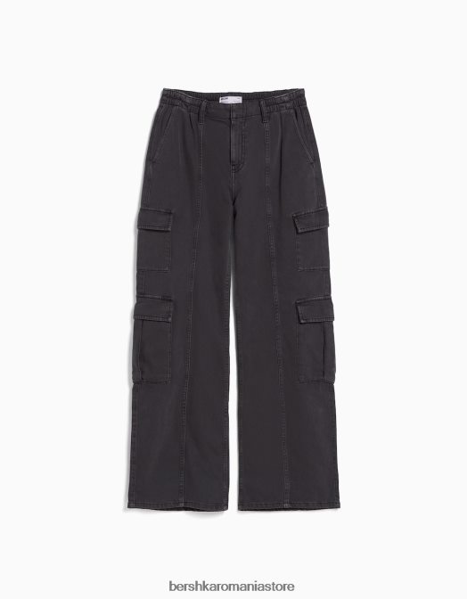 Bershka femei blugi cargo largi cu buzunare multiple gri inchis Z86D1304 îmbrăcăminte
