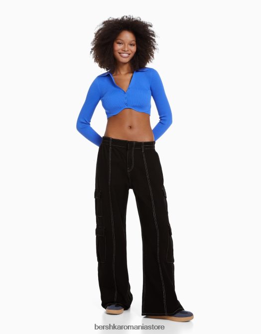 Bershka femei blugi cargo largi cu buzunare multiple negru Z86D1303 îmbrăcăminte