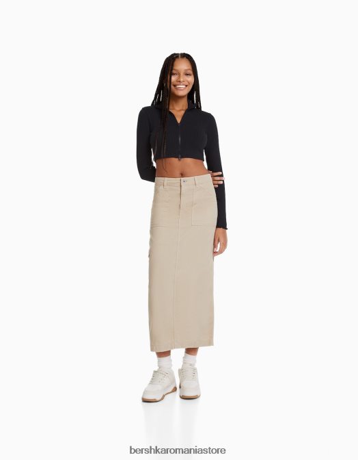 Bershka femei fusta maxi carpenter bumbac nisip Z86D1373 îmbrăcăminte