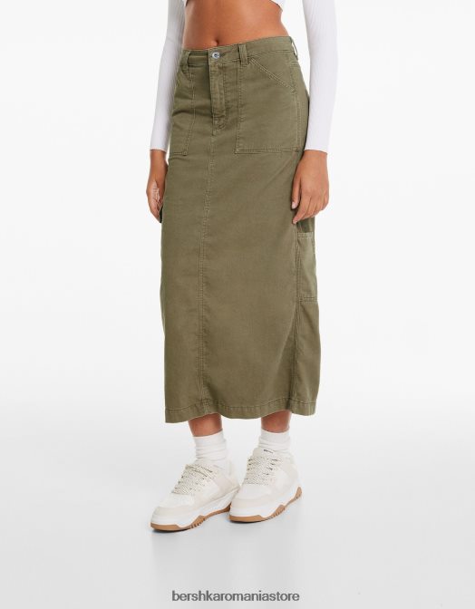 Bershka femei fusta midi din bumbac carpenter kaki Z86D1372 îmbrăcăminte