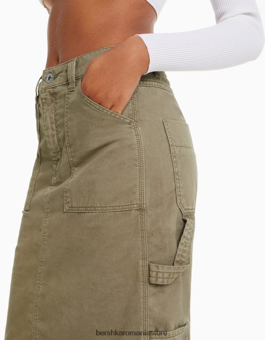 Bershka femei fusta midi din bumbac carpenter kaki Z86D1372 îmbrăcăminte