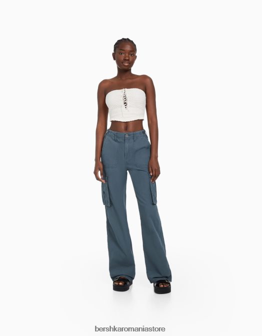 Bershka femei pantaloni cargo ajustabili cu ajustare dreaptă albastru Z86D1285 îmbrăcăminte