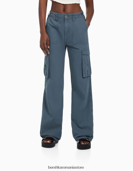 Bershka femei pantaloni cargo ajustabili cu ajustare dreaptă albastru Z86D1285 îmbrăcăminte