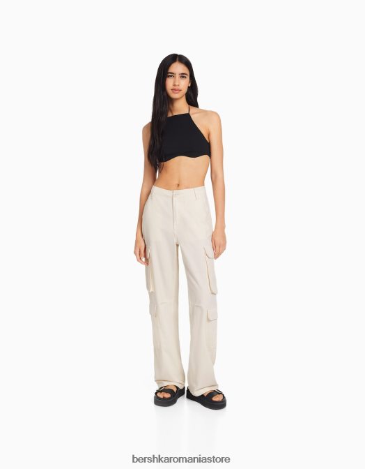 Bershka femei pantaloni cargo ajustabili cu buzunare multiple cremă Z86D1299 îmbrăcăminte