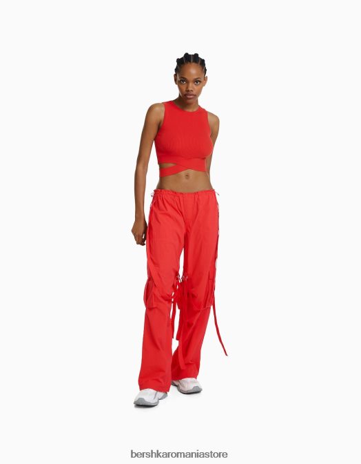 Bershka femei pantaloni cargo cu bretele din nailon roșu Z86D1311 îmbrăcăminte