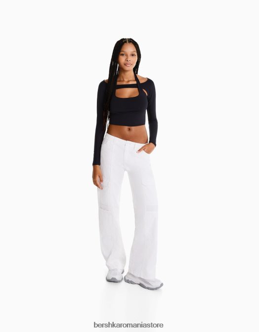 Bershka femei pantaloni cargo din bumbac cu talie joasă, cu fir de contrast aproape alb Z86D1363 îmbrăcăminte