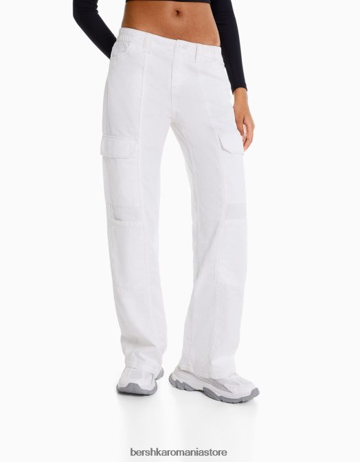 Bershka femei pantaloni cargo din bumbac cu talie joasă, cu fir de contrast aproape alb Z86D1363 îmbrăcăminte