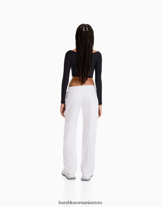 Bershka femei pantaloni cargo din bumbac cu talie joasă, cu fir de contrast aproape alb Z86D1363 îmbrăcăminte