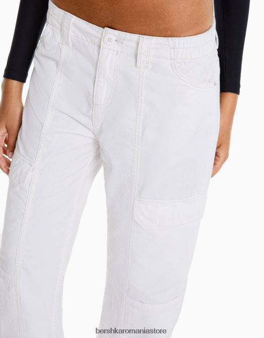 Bershka femei pantaloni cargo din bumbac cu talie joasă, cu fir de contrast aproape alb Z86D1363 îmbrăcăminte