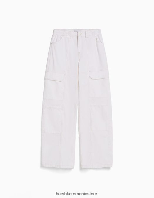 Bershka femei pantaloni cargo din bumbac cu talie joasă, cu fir de contrast aproape alb Z86D1363 îmbrăcăminte