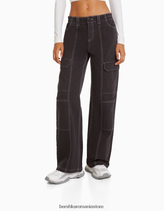 Bershka femei pantaloni cargo din bumbac cu talie joasă, cu fir de contrast gri inchis Z86D1362 îmbrăcăminte