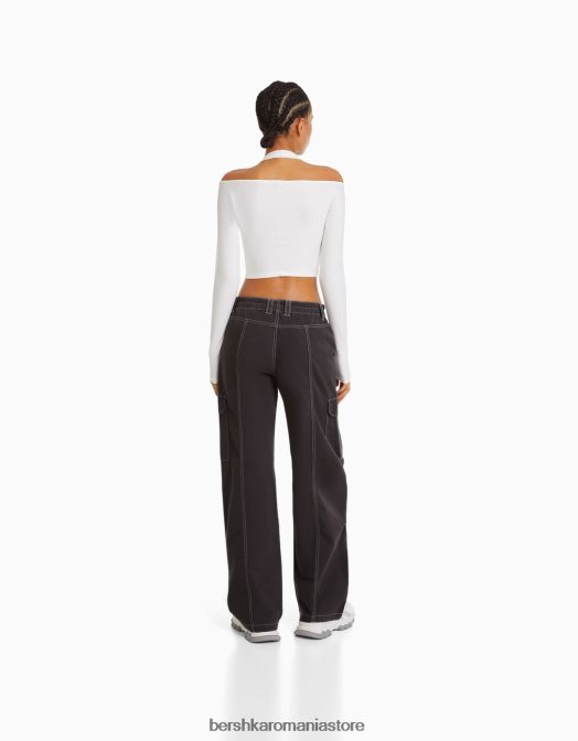 Bershka femei pantaloni cargo din bumbac cu talie joasă, cu fir de contrast gri inchis Z86D1362 îmbrăcăminte