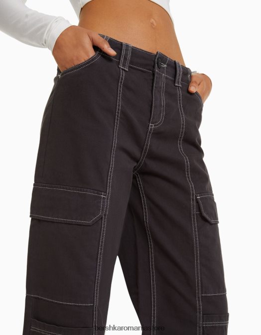 Bershka femei pantaloni cargo din bumbac cu talie joasă, cu fir de contrast gri inchis Z86D1362 îmbrăcăminte