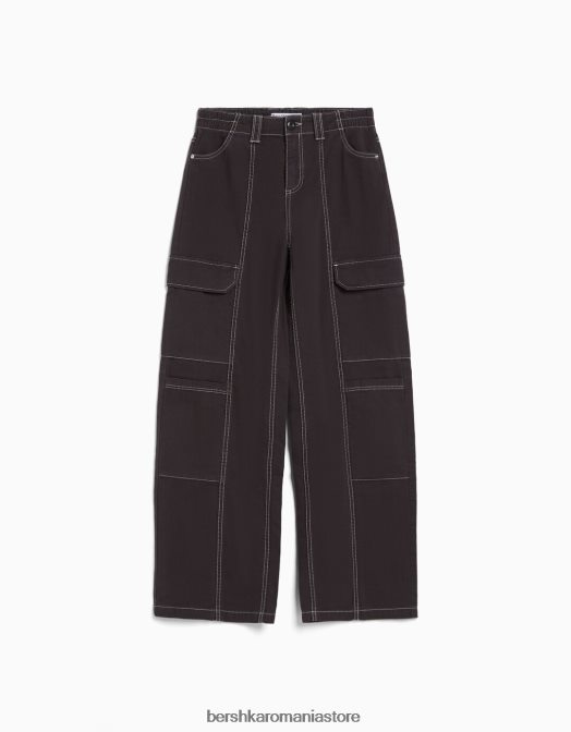 Bershka femei pantaloni cargo din bumbac cu talie joasă, cu fir de contrast gri inchis Z86D1362 îmbrăcăminte
