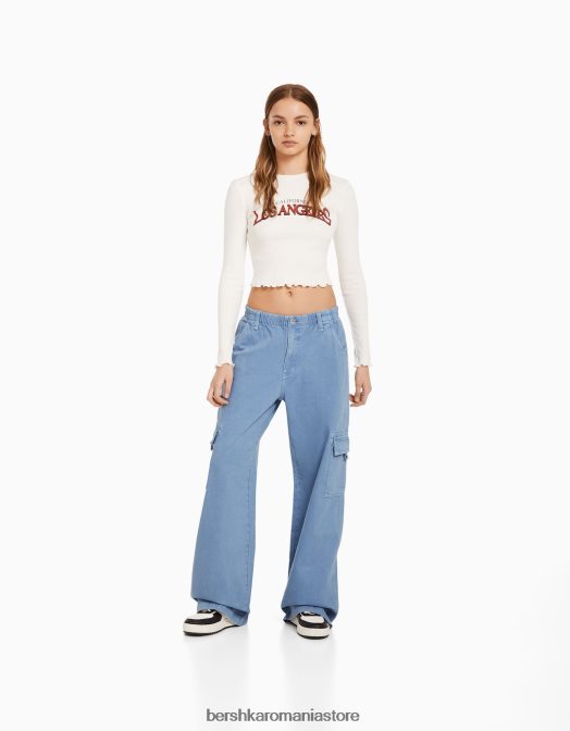 Bershka femei pantaloni cargo din twill drept cu talie elastică albastru deschis Z86D1395 îmbrăcăminte