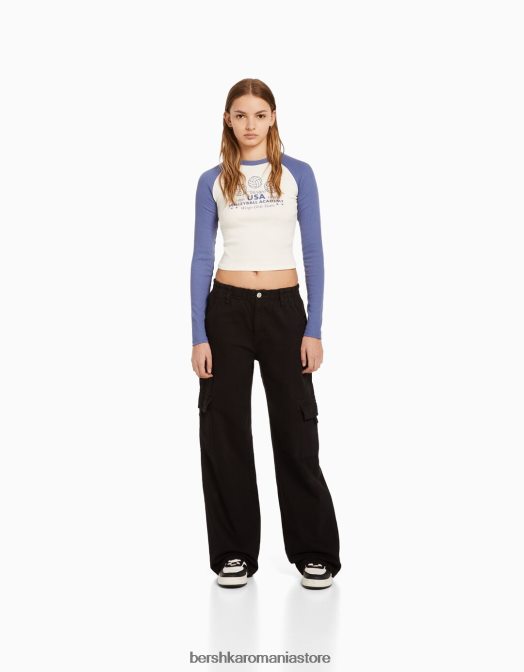 Bershka femei pantaloni cargo din twill drept cu talie elastică negru Z86D1396 îmbrăcăminte