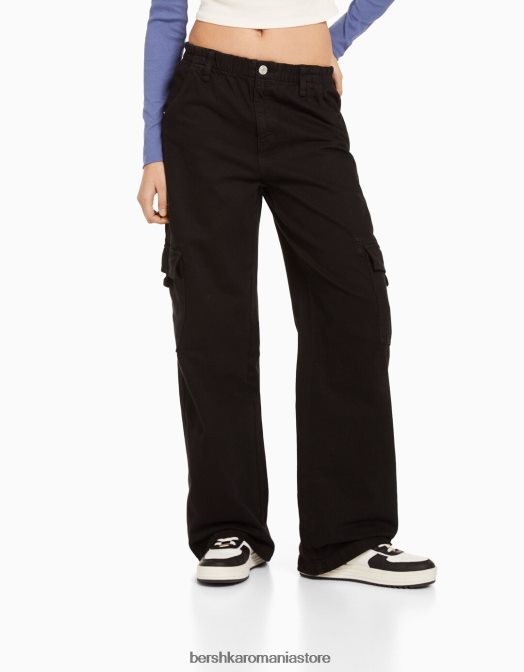 Bershka femei pantaloni cargo din twill drept cu talie elastică negru Z86D1396 îmbrăcăminte